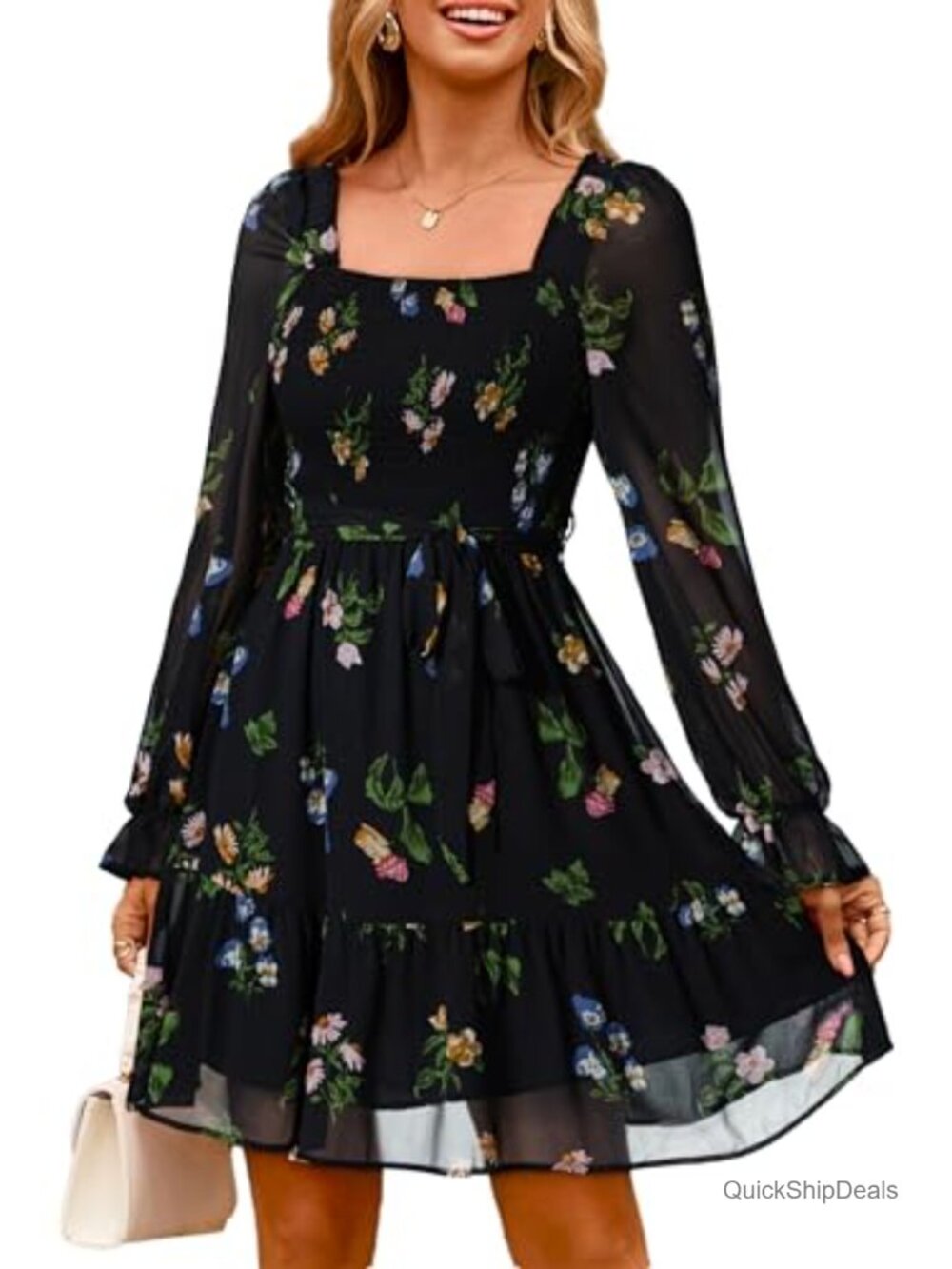 Floral Chiffon Mini Dress Long Sleeve Square Neck Smocked A-Line Boho